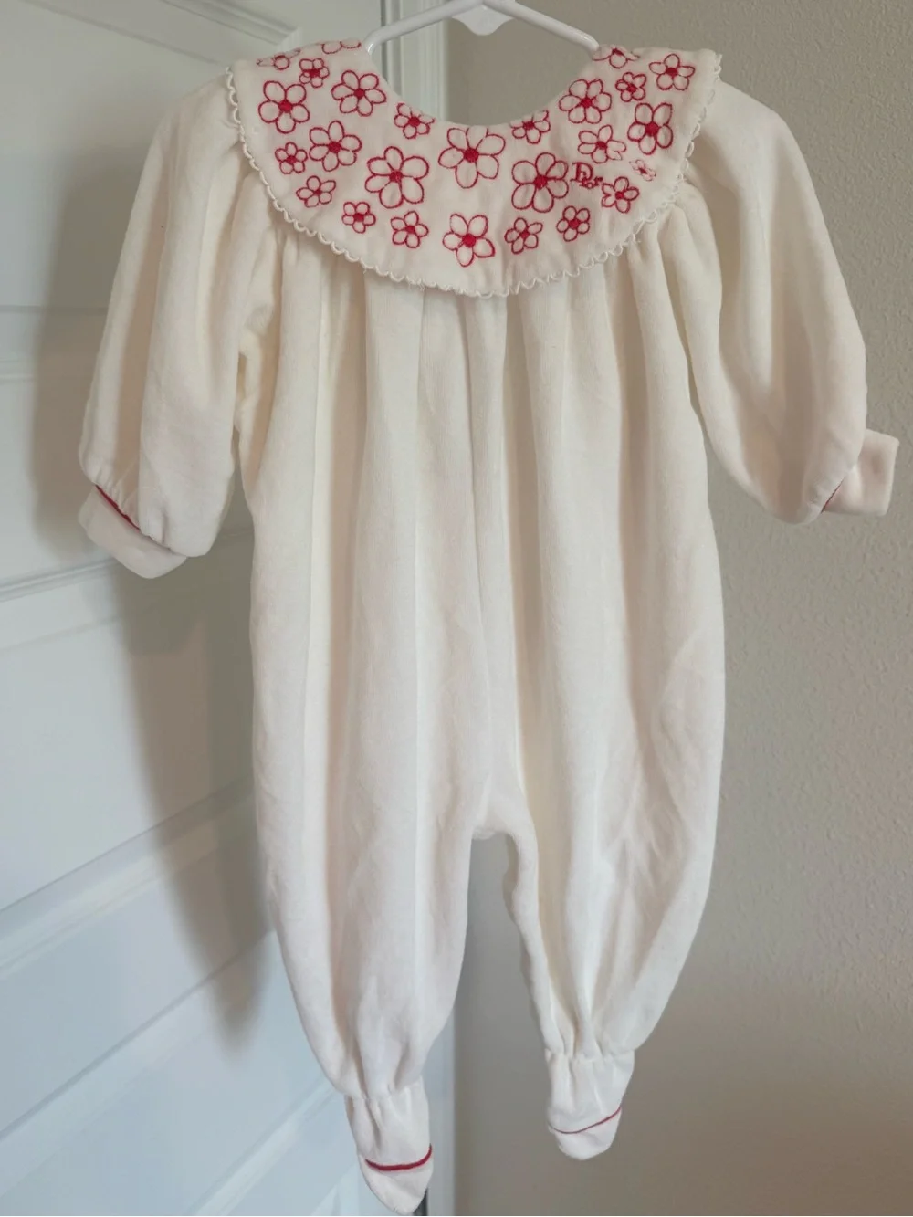 Baby Dior Cream Baby Romper with Red Floral Embroidered Collar